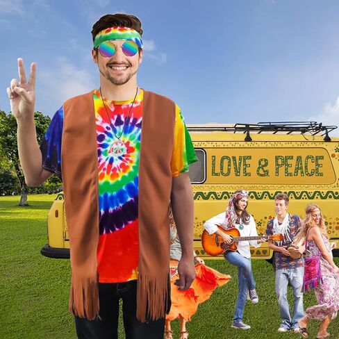 Hippie Costume for Men 60s 70s Fringe Vest Colorful T-shirt Set Carnival Party Tassel Vest Hippy Halloween Costume in Saudi Arabia