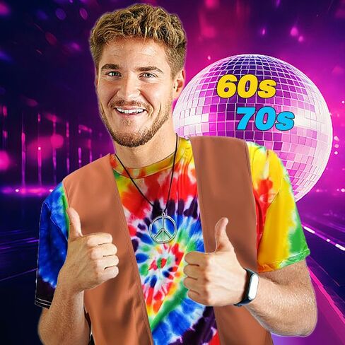Hippie Costume for Men 60s 70s Fringe Vest Colorful T-shirt Set Carnival Party Tassel Vest Hippy Halloween Costume in Saudi Arabia