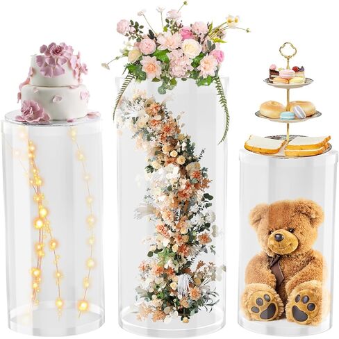 White Cylinder Pedestal Stands for Party- 3 Pieces , Large White Cake Pedestal Stand, Pedestal Display Plinth Pillars for Wedding Ceremony Birthday Party Art Decor--35.4''(L),29.5''(M),23.6''(S) in Kuwait
