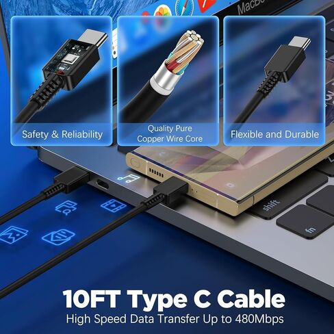 شاحن فائق السرعة بقدرة 45 وات مع كابل USB C بطول 10 أقدام، ومحول كتلة شحن حائط من النوع C وسلك شاحن هاتف Android طويل لهاتف Samsung Galaxy S23 Ultra/S23/S23+/S22/S22+/S22 Plus/S21/Note 20/Note10+ in Kuwait