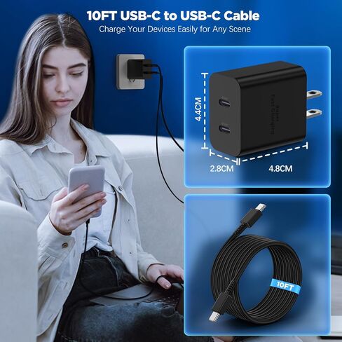 شاحن فائق السرعة بقدرة 45 وات مع كابل USB C بطول 10 أقدام، ومحول كتلة شحن حائط من النوع C وسلك شاحن هاتف Android طويل لهاتف Samsung Galaxy S23 Ultra/S23/S23+/S22/S22+/S22 Plus/S21/Note 20/Note10+ in Kuwait
