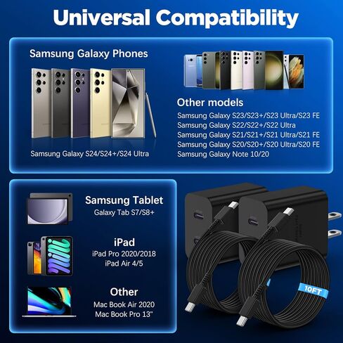 شاحن فائق السرعة بقدرة 45 وات مع كابل USB C بطول 10 أقدام، ومحول كتلة شحن حائط من النوع C وسلك شاحن هاتف Android طويل لهاتف Samsung Galaxy S23 Ultra/S23/S23+/S22/S22+/S22 Plus/S21/Note 20/Note10+ in Kuwait