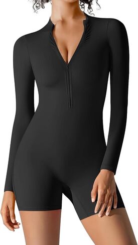 JBT Women Workout Jumpsuit One Piece Zip Up Rompers Long Sleeve Tummy Control Yoga Gym Bodysuit Bodycon in Saudi Arabia