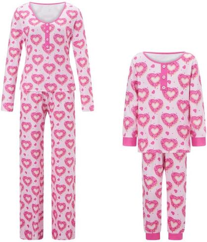 Seyurigaoka Mommy و Me Valentin Day Pajamas مجموعة حلوة القلب طباعة مطابقة Valentin PJs لابنة الأم العظم in Kuwait