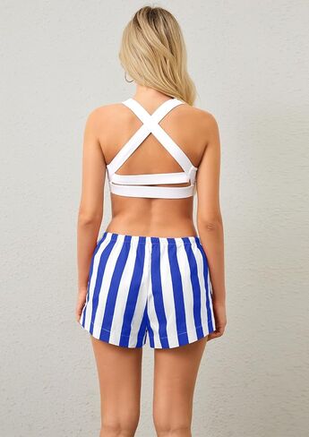 MISSACTIVER Drawstring Striped Boxer Shorts For Women Low Rise Wide Leg Lounge Pj Shorts Summer Pajama Bottoms Sleepwear in Saudi Arabia