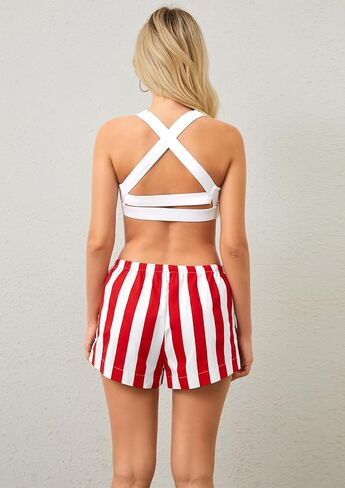 MISSACTIVER Drawstring Striped Boxer Shorts For Women Low Rise Wide Leg Lounge Pj Shorts Summer Pajama Bottoms Sleepwear in Saudi Arabia