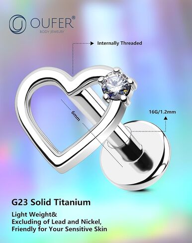 Oufer Heart Helix أقراط ، G23 Titanium Solid Flat Flat Back Stud أقراط 16G داخليًا على ملولبة حلزونية غضروف تراتيلاج ثقب المجوهرات للنساء الرجال in Kuwait