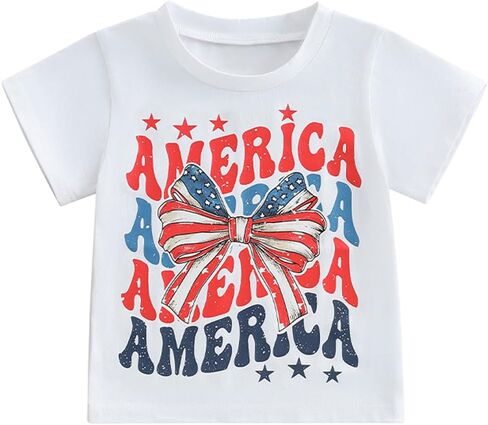 Kids Toddler Girls 4th of July T-Shirt Short Sleeve Patriotic Coquette Bow American Flag Independence Day Top in Saudi Arabia
