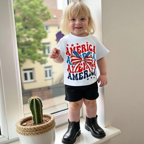 Kids Toddler Girls 4th of July T-Shirt Short Sleeve Patriotic Coquette Bow American Flag Independence Day Top in Saudi Arabia