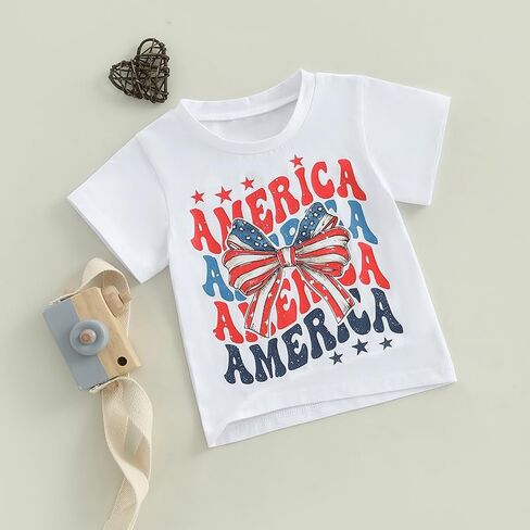 Kids Toddler Girls 4th of July T-Shirt Short Sleeve Patriotic Coquette Bow American Flag Independence Day Top in Saudi Arabia