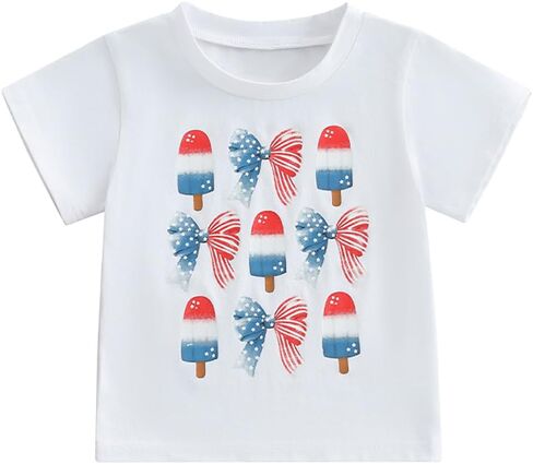 Kids Toddler Girls 4th of July T-Shirt Short Sleeve Patriotic Coquette Bow American Flag Independence Day Top in Saudi Arabia