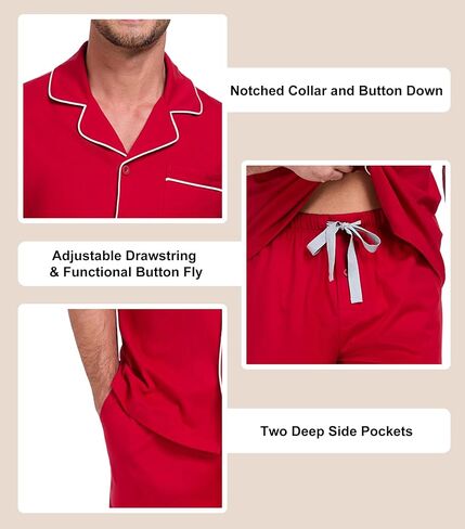 EA'S SECRET 100% Cotton Men's Button Down Pajamas Set Mens Notched Collar Lounge Pjs Set Short Sleeve Sleepwear With Pockets in Kuwait