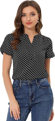 Allegra K Women's Polka Dots Print V Neck Short Sleeve Elegant Work Office Tops in Saudi Arabia
