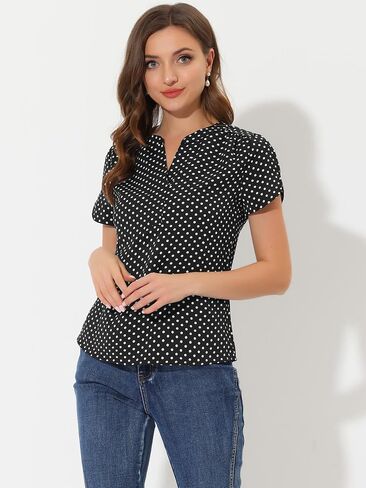 Allegra K Women's Polka Dots Print V Neck Short Sleeve Elegant Work Office Tops in Saudi Arabia
