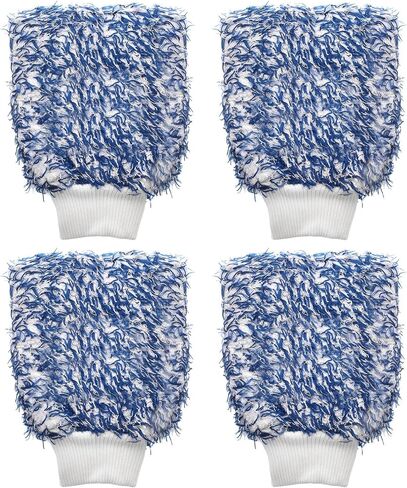 HARFINGTON 4pcs Microfiber Car Wash Mitts 10" x 8" Scratch Free Wash Gloves Absorbent Double Sided Plush Cleaning Drying Mitts for Car Washing Home Clean Blue White in Saudi Arabia