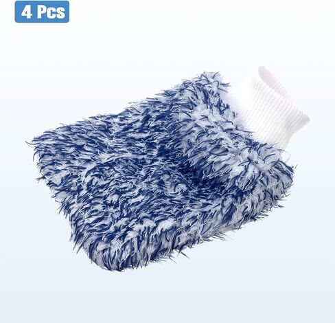 HARFINGTON 4pcs Microfiber Car Wash Mitts 10" x 8" Scratch Free Wash Gloves Absorbent Double Sided Plush Cleaning Drying Mitts for Car Washing Home Clean Blue White in Saudi Arabia
