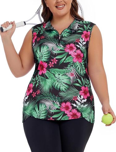 Koscacy Women's Plus Size Sleeveless Golf Tennis Polo Shirts Zip Up Dry Fit Workout Tank Tops Athletic Shirt in Saudi Arabia