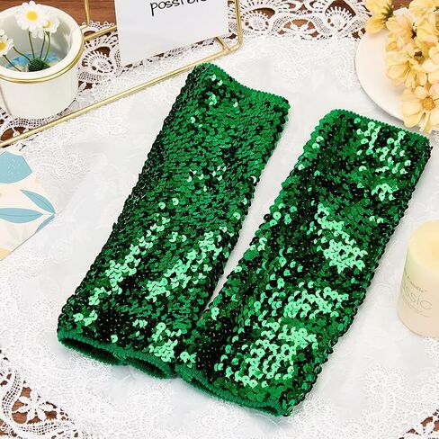 1 Pair Green Sequin Gloves Glitter Sequins Stretchy Fingerless Gloves Sparkly Shiny Elastic Oversleeves Long Rave Arm Sleeves Bulk for Women Party Costume Halloween Birthday Accessories in Saudi Arabia