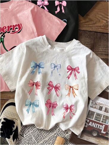 Shenhe Girl's 3 Pack Tees Graphic Tees Cherry Bow Print Perthetic Shirt Stirt Tops Tops in Saudi Arabia