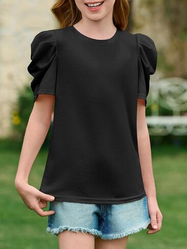 Imily Bela Girls Puff Short Sleeve Tops Kids Summer T Shirts Crewneck Fashion Tees 5-14 Years in Saudi Arabia