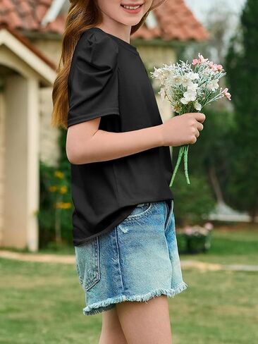Imily Bela Girls Puff Short Sleeve Tops Kids Summer T Shirts Crewneck Fashion Tees 5-14 Years in Saudi Arabia