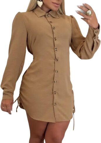 Women Shirt Dress Sexy Long Sleeve Button Down Blouses Side Drawstring Mini Dresses in Kuwait