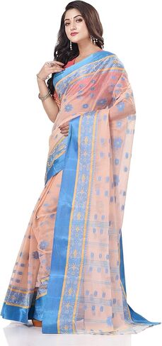 Women's Traditional Bengal Phulkoli Woven Design Pure Handloom Cotton Saree Without Blouse Piece 5.6 Mtr in Kuwait