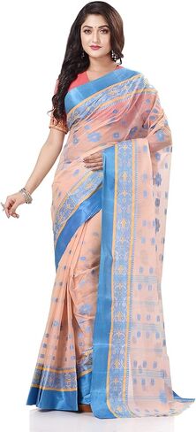Women's Traditional Bengal Phulkoli Woven Design Pure Handloom Cotton Saree Without Blouse Piece 5.6 Mtr in Kuwait
