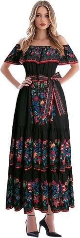Womens Mexican Fiesta Dress Cinco De Mayo Spanish Cuban Dress with Belt in Kuwait