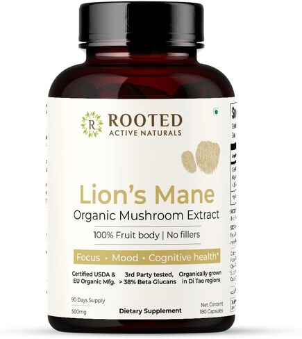 ROOTED Active's, Lions Mane Mushroom Extract Capsules (Certified Organic, 38% verfied Beta Glucans| Cognition, Clarity, Focus & Mood, Brain Health Support (180 Veg Caps) in Saudi Arabia