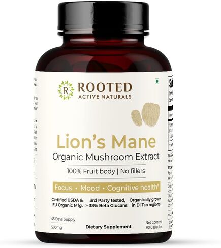ROOTED Active's, Lions Mane Mushroom Extract Capsules (Certified Organic, 38% verfied Beta Glucans| Cognition, Clarity, Focus & Mood, Brain Health Support (180 Veg Caps) in Saudi Arabia