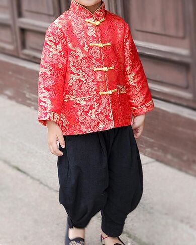 Boy Tang Suit Dragon Long Sleeve Shirt Chinese New Year Button Down Shirt for Kids in Saudi Arabia