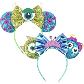 FACHPINT Mike and Sully Ears Headbands - 2pcs Child Photo Props, Cute Green and Sequin Blue Monster Ears for Boy Theme Park and Parties