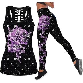Women’s Sugar Skull Yoga Outfits for Women 2 Piece Sets, Summer Tank Tops Leggings Workout Activewear for Girls