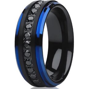 Black Tungsten Carbide Wedding Ring - 8mm Width, CZ Stones, Anniversary & Engagement Ring for Men