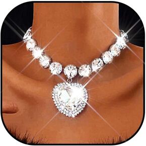 Zoestar Rhinestone Heart Choker Necklace Silver Bling Diamond Jewelry for Women