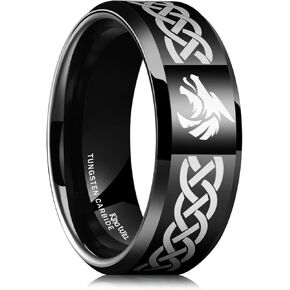 King Will 8mm Black/Silver/Blue Mens Tungsten Carbide Ring Laser Celtic Knot/Wolf Head/Dragon Polish Edge Wedding Band Comfort Fit
