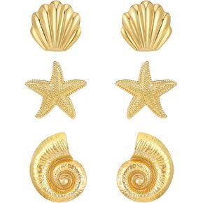 3 Pairs Beach Earrings for Women 14K Gold Statement Earrings Summer Ocean Jewelry Starfish Conch Seashell Stud Earring Set