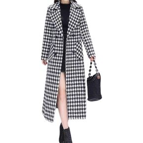 chouyatou Women's Houndstooth Notched Collar Double Breasted Overcoat Plaid Wool Blend Long Trench Coat
