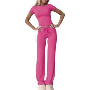 HBQ Women's 2 Piece Outfits Lounge Sets Slim Short Sleeve Crop Tops And High Waisted Wide Leg Pants Tracksuit Sets