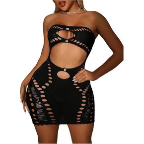 Women's Sexy Strapless Cut Out Lingerie Babydoll Sleepwear Nightgown Bodycon Rhinestone Mini Dresses