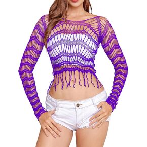 LEMON GIRL Women's Fishnet Crop Top Babydoll Chemise Lingerie with Tassels, Sizes US 2-16