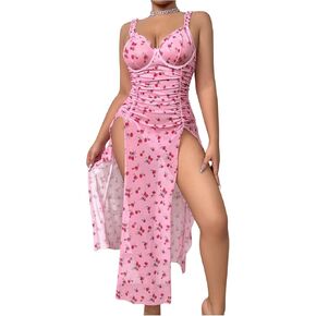 SHENHE Women's Floral Lingerie Babydoll Chemise Mesh Sleepwear Dress Nightgown with Thong