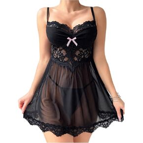 Women's 2 Piece Babydoll Lingerie Sets Lace Sheer Mesh Ruffle Nightgown Chemise with Panty Sleepwerar