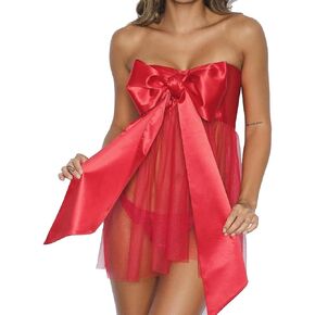المرأة المثيرة ساتان Babydoll Lingerie Unrap Me Mesh Sleepwear حريري Bowtie عيد الميلاد التفاف Big Bow Tulle Tulle