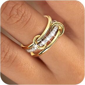 Gold Rings for Women，14K Plated Gold Cubic Zirconia Stackable Interlocked Rings Dainty Bands Stacking Thumb Statement Rings Set Non Tarnish Jewelry