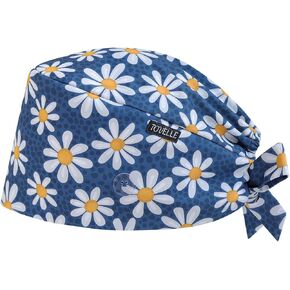 Blue Daisy Double-Sided Printed Scrub Caps for Women with Buttons, Adjustable Static-Resistant Medical Hats, Stylish and Breathable Surgical Caps with Sweatband for Long Hours