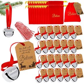 Christmas Believe Bell Ornaments, Polar Express Bell, Silver Sleigh Bell, Christmas Favors Bulk Tree Bell Decoration Holiday Treat Gifts for Kids & Adults