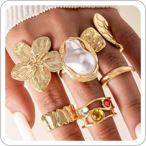 Gold Silver Rings for Women Pearl Colorful Rhinestone Waterproof Chunky Silver Ring Non Tarnish Gold Ring Set Stackable Statement Rings Adjustable Open Fashion Jewelry