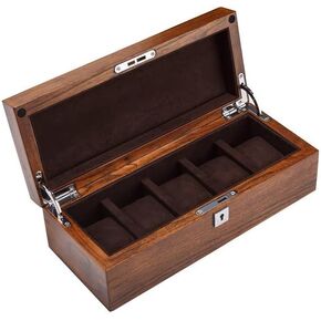Wooden Watch Case Organizer للرجال | صندوق ساعة فاخر مع 5 فتحات | الخشب الطبيعي | مفتاح الكروم | الوسائد الداخلية | هدية مثالية ، براون